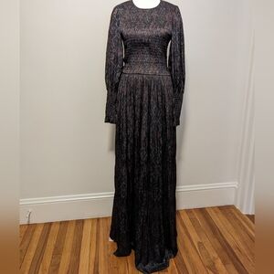 ULLA JOHNSON Antonia Maxi Dress Black Ikat Pattern Smocked Long Sleeve Size 6